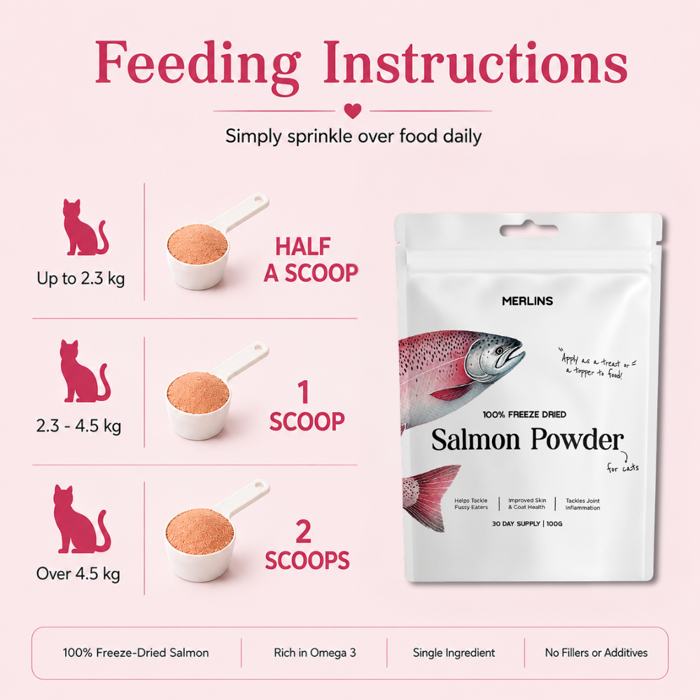 Merlins 100% Freeze Dried Salmon Powder for Cats - 100% Natural Norwegian salmon